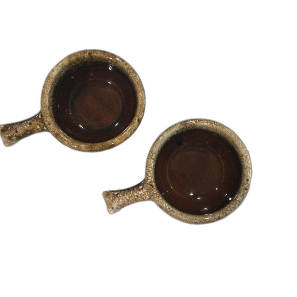 Vintage Hull Pottery Brown Drip Onion Soup Bowls with Handles (2)